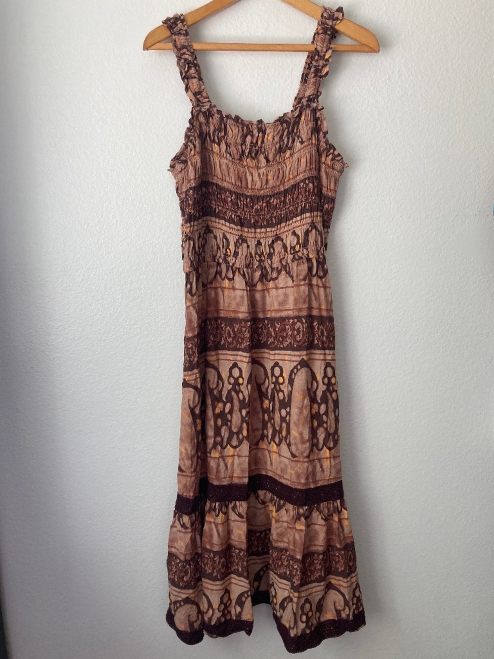Shyanne Border Print Smocked Dress Tiered Maxi Dress XL Brown Boho Western